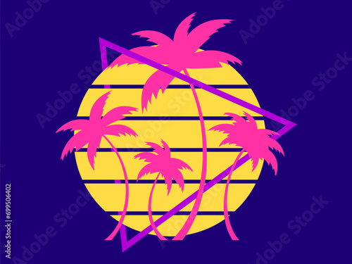 80s palm trees at sunset. Summer time. Retro futuristic sun. Synthwave and retrowave style. Design for advertising brochures, banners and posters. Vector illustration