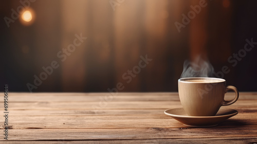 Freshly brewed coffee in a stylish ceramic cup on a rustic wooden table. Coffeehouse atmosphere, caffeine boost, copy space for text.