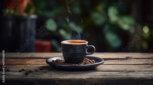 Freshly brewed coffee in a stylish ceramic cup on a rustic wooden table. Coffeehouse atmosphere, caffeine boost, copy space.