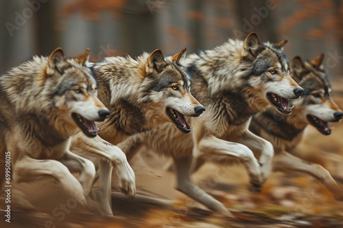 A pack of wolves running through the forest