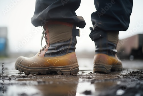 close-up of heavy boots on wet ground, storm in back