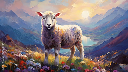 oil painting style illustration, sheep on mountain hill flower field ,cute and adorable wildlife, idea for wall art decor and background wallpaper, Generative Ai photo