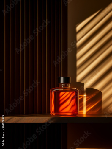 Perfume bottle on light and shadow background. Generative ai.