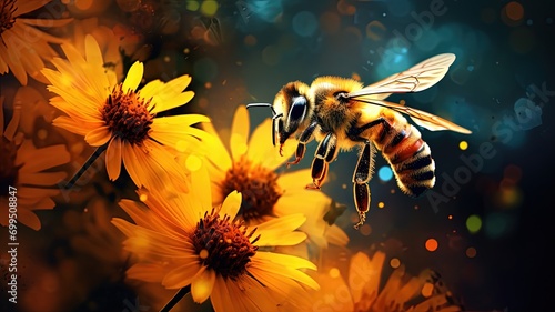 oil painting style illustration, bee flying and collect nectar from spring flowers ,cute and adorable wildlife, idea for wall art decor and background wallpaper, Generative Ai © QuietWord