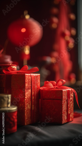 Chinese New Year presents and blurred background with red lanterns. Generative ai.