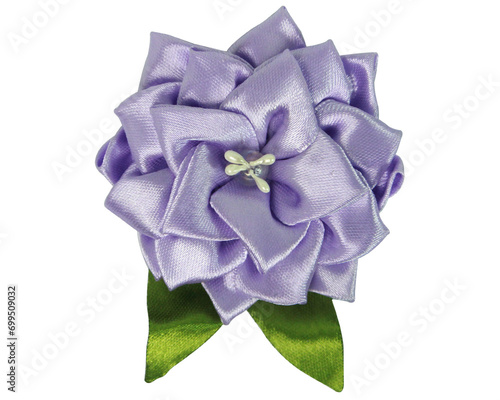 lilac fabric brooch made of satin ribbon without background 