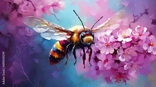 oil painting style illustration, bee flying and collect nectar from spring flowers ,cute and adorable wildlife, idea for wall art decor and background wallpaper, Generative Ai © QuietWord