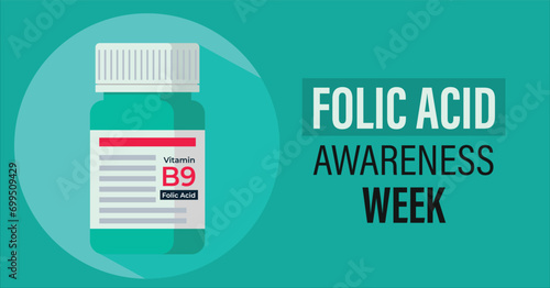 Folic acid awareness week banner. Vitamin B9 isolated with long shadow. Supplement helps prevent child birth defects.