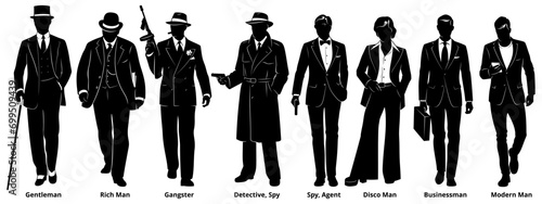Classic Man Characters Silhouettes Set. Detective, spy, gangster, secret agent, businessman, gentleman. Vector cliparts isolated on white.