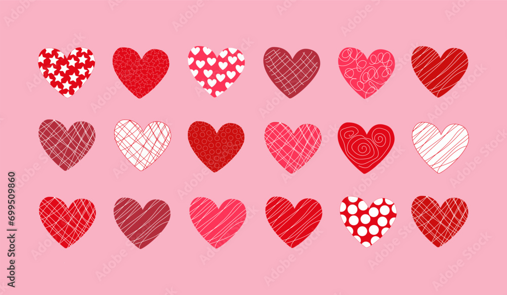 Set of red, pink and purple hearts, candies with icing and patterns. Vector elements for the design of cards, stickers, invitations for the holidays of Valentine's Day, wedding, birthday, engagement.