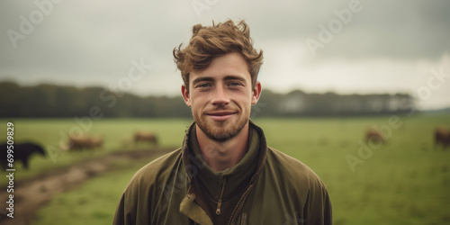 Young modern farmer standing at agriculture field