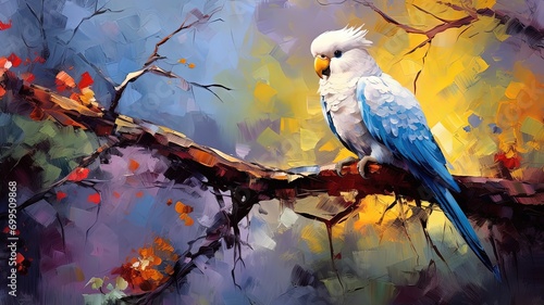 oil painting style illustration, cockatoo bird on flower blossom branch ,cute and adorable wildlife, idea for wall art decor and background wallpaper, Generative Ai © QuietWord