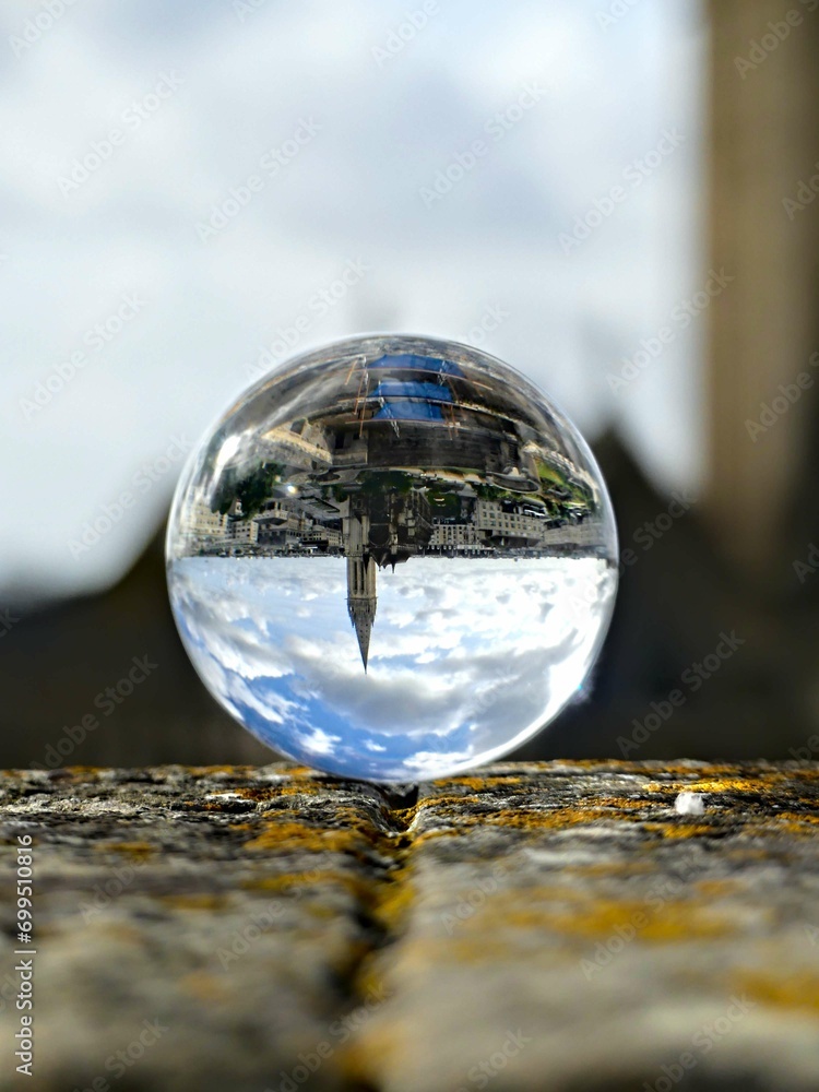 Caen, August 2023 - Visit the magnificent city of Caen, capital of Normandy. View of the city through a lens ball Caen, August 2023 - Visit the magnificent city of Caen, capital of Normandy. View of the city through a lens ball