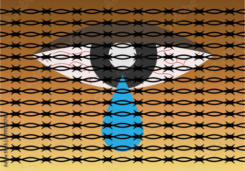 Ojo triste llorando de un inmigrante tras una alambrada de espino de la frontera. 