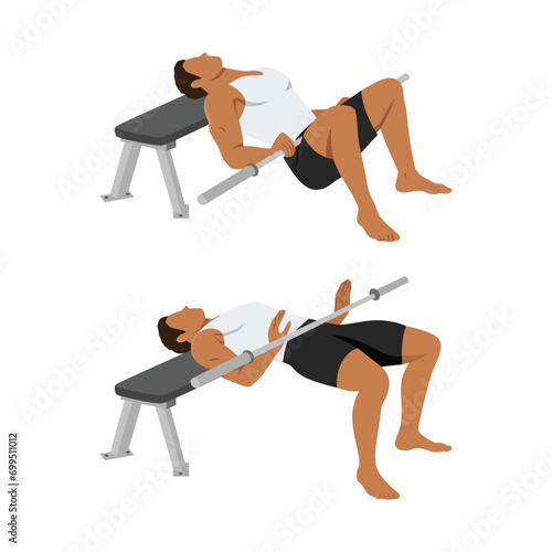 Man doing bench glute bridge with bar exercise. Flat vector illustration isolated on white background