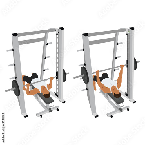 Man doing smith machine bench press exercise. Flat vector illustration isolated on white background