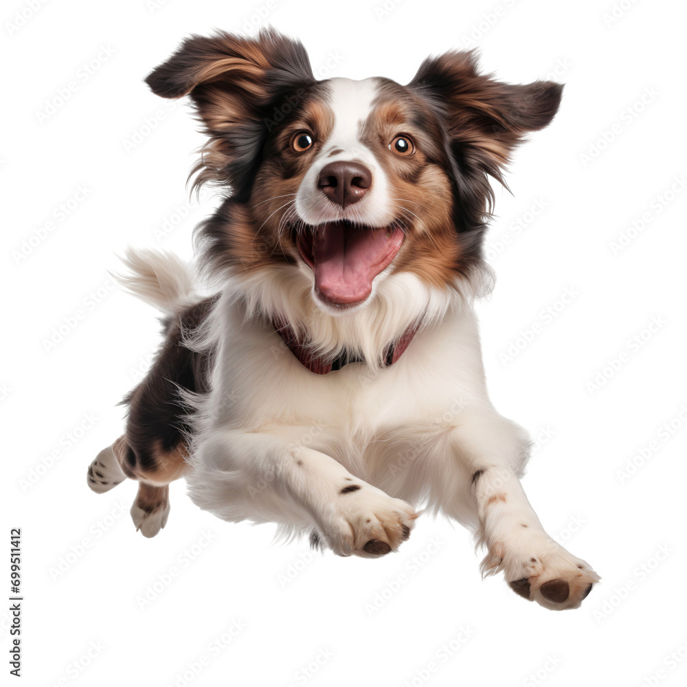 Border collie puppy jumping isolated on white, transparent background
