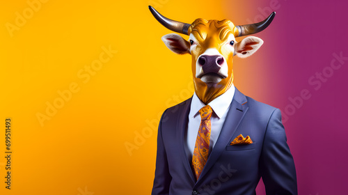 Businessman with bull head mask on colorful background. Business concept.