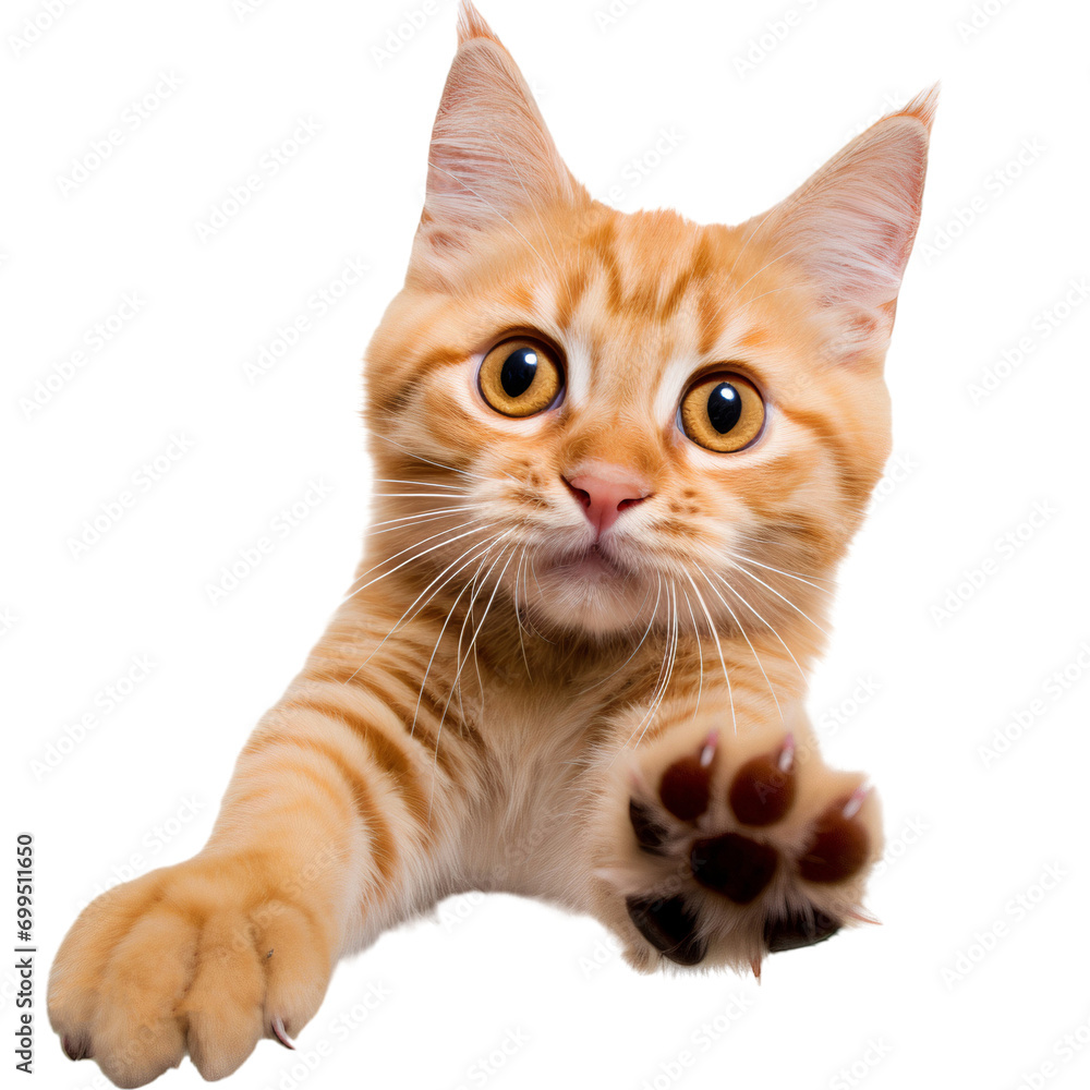 Obraz premium Orange tabby cat close-up, reaching with its paw isolated on transparent background