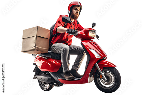Young courier  delivery man wearing casual dress with thermo box backpack on red motor scooter moped isolated on blue background. Fast transport express home food delivery. Online order.