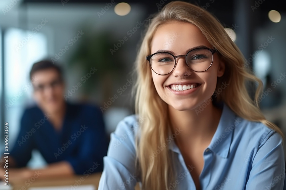 Portrait of successful and happy businesswoman, office worker smiling and looking at camera, working inside modern office.