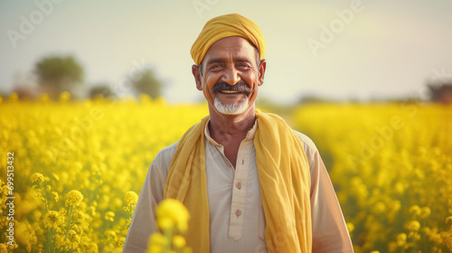 Happy indian farmer standing at mustard field © Niks Ads