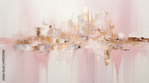 abstract city painting with gold leaves and silver, in the style of light pink and gold