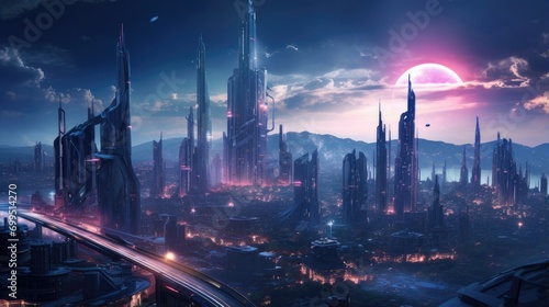 futuristic cityscape at twilight cybernetic metropolis with luminous skyscrapers and advanced technology