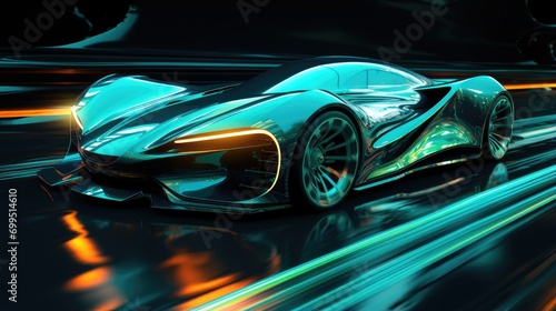 turbocharged teal sports car speeding with vibrant neon lights. dynamic automotive design for futuristic transport concepts and wallpapers © StraSyP