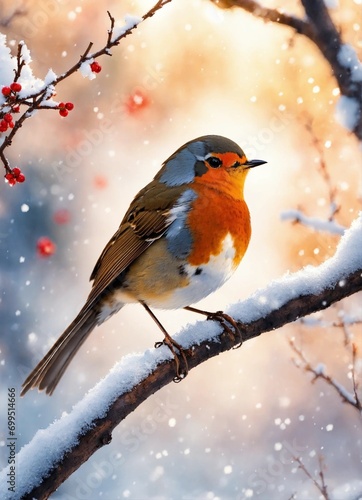 Robin in snowy tree 