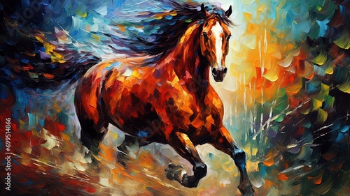 oil painting style illustration, wild horse galloping shallow water ,cute and adorable wildlife, idea for wall art decor and background wallpaper, Generative Ai