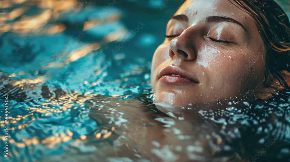 Portrait of a young woman relaxing with her eyes closed underwater in a swimming pool in summer. Top view of a female face in the water.