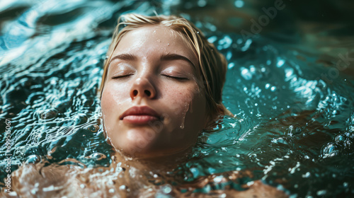 Portrait of a young blonde woman relaxing with her eyes closed underwater in a swimming pool in summer. Top view of a female face in the water.