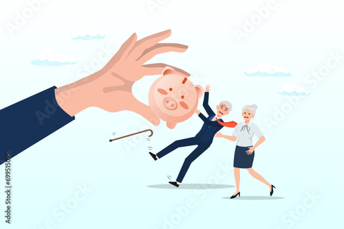 Senior grandparent couple pull back their piggy bank money from thief hand, protect retirement pension money from fraud, Ponzi scheme or cost and tax that impact retiree investment fund (Vector)