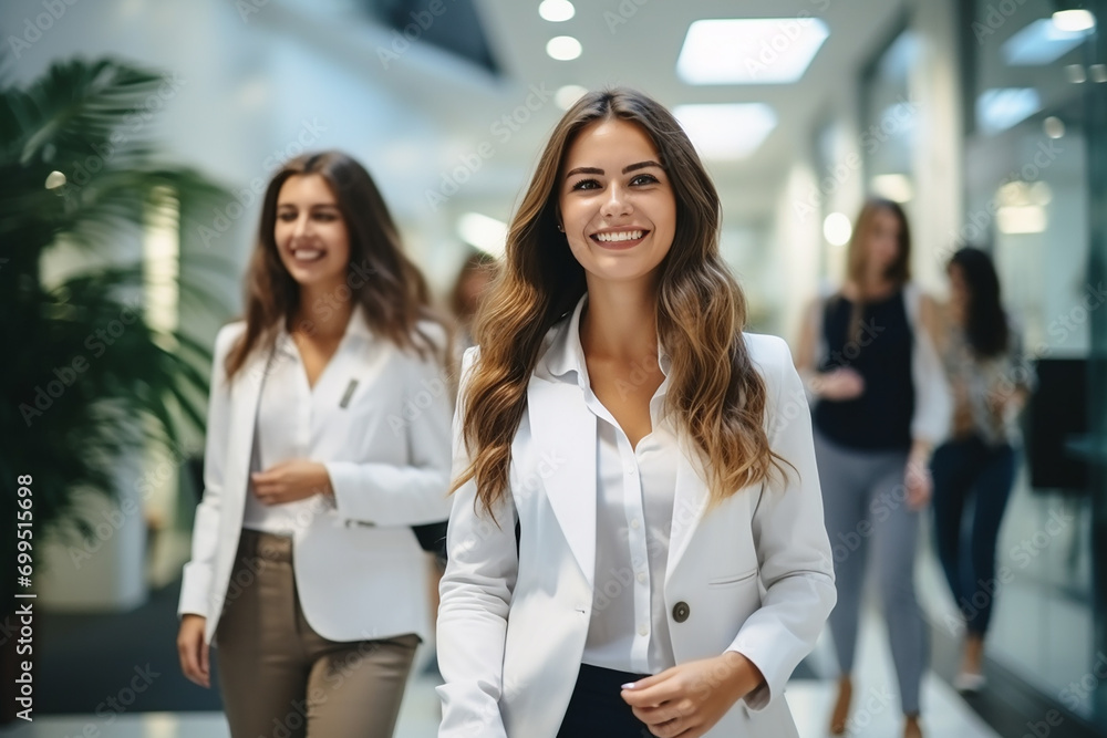 Portrait of successful and happy businesswoman, office worker smiling and looking at camera, working inside modern office. Portrait of successful and happy businesswoman, office worker smiling and looking at camera, working inside modern office.