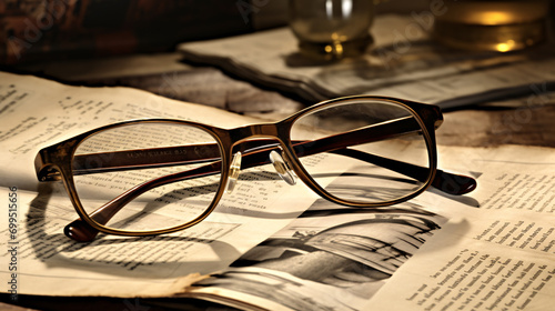 close up shot of Eye glasses placed on a news paper in a vintage tone