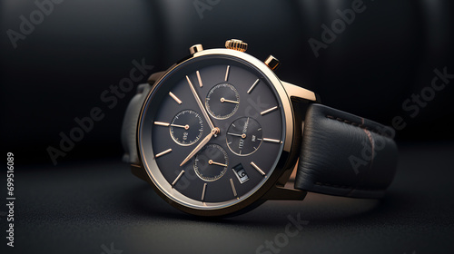 close up of elegant wrist watch in black and gold   photo