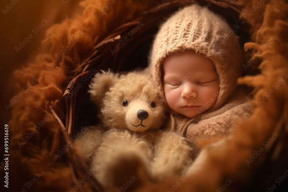 Little cute sleeping baby cuddles with a teddy bear Little cute sleeping baby cuddles with a teddy bear