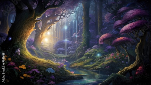 whimsical forest scene with glowing trees and luminous path. perfect for fairy tale backgrounds and enchanting environment concepts