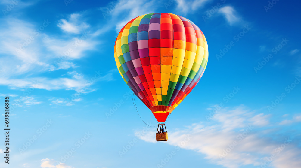 Naklejka premium Colored hot air balloon on a clear blue sky with few clouds 