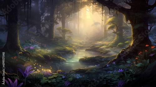 fantasy grove with radiant sunset and tranquil river. surreal nature scene for meditation spaces and inspirational poster design