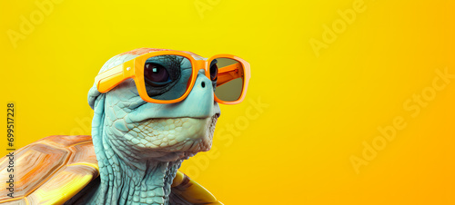 Close up of a turtle wearing sunglasses on yellow background with copy space