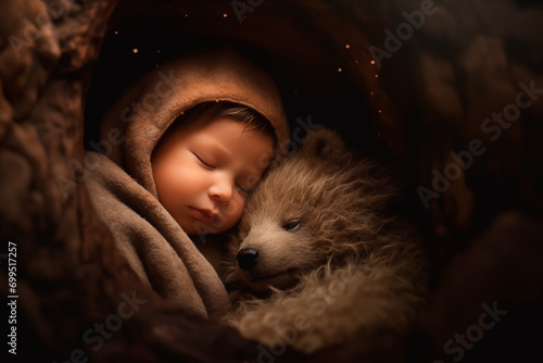 Little cute sleeping baby cuddles with a teddy bear