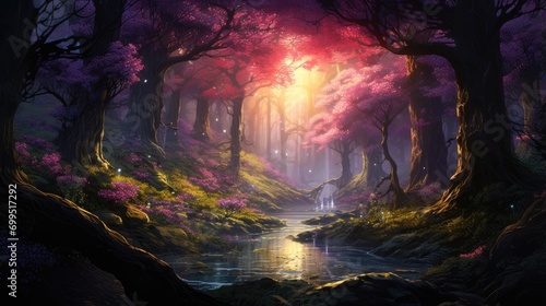 enchanted forest pathway with mystical purple hues. magical landscape painting for fantasy book covers and dreamlike wall art photo