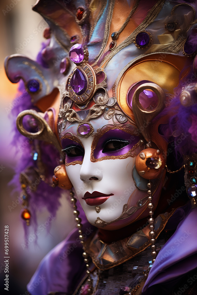 A person in a Venetian masquerade mask in a purple carnival costume