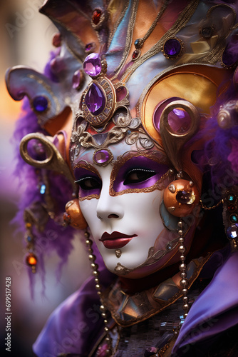 A person in a Venetian masquerade mask in a purple carnival costume