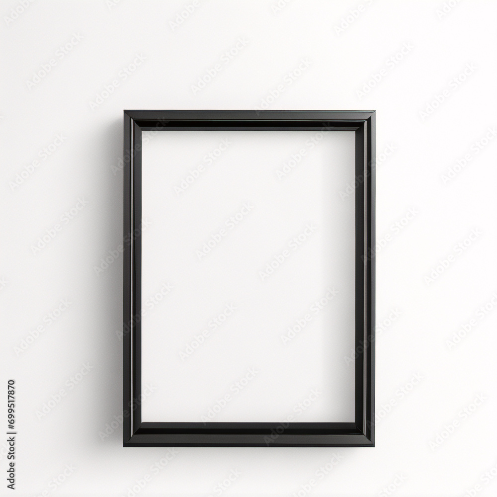 Lienzo en blanco vacío con marco decorativo negro sobre una maqueta de fondo blanco Lienzo en blanco vacío con marco decorativo negro sobre una maqueta de fondo blanco