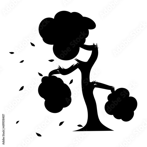 Vector silhouette of destroyed tree on white background. Tree branches broke due to strong winds. Vector illustration