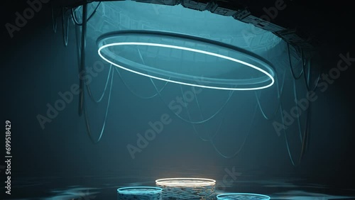 4K video animation of an abstract sci-fi scene where the light falls from the top and all the neon lighting starts blinking. 3D render motion graphics.