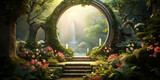 Enchanted Garden Gateway Overgrown with Lush Greenery and Flowers, Inviting to a Mystical Journey in a Sunlit Glade
